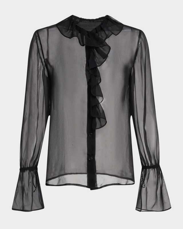 Kris Silk Sheer Ruffle Front Blouse
